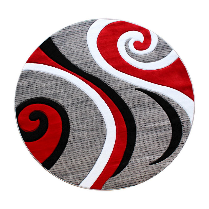 Emma + Oliver Olefin Accent Rug - Red Contemporary Swirl Pattern - 4x4 Round - 3D Sculpted Effect - Varied Textures - Jute Backing - Stain Resistant Image