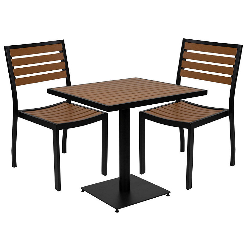 Emma + Oliver Outdoor Patio Bistro Dining Table Set with 2 Chairs and Faux Teak Poly Slats Image