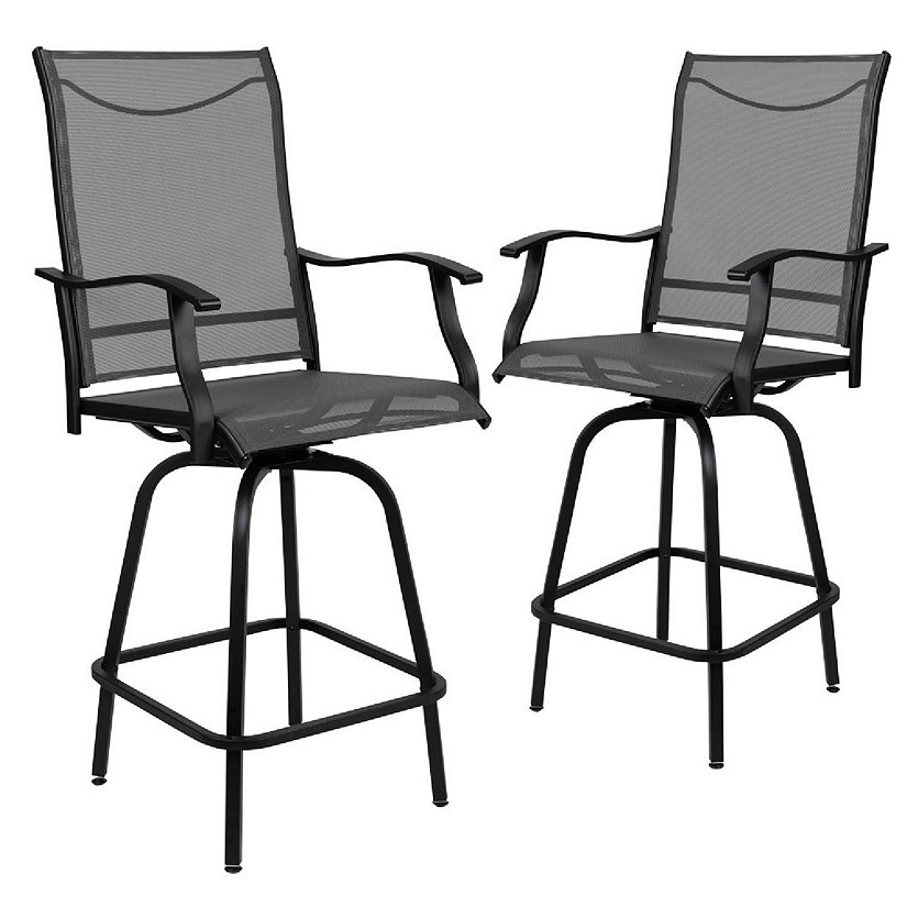 Emma + Oliver Patio Bar Height Stools Set of 2, All-Weather Textilene Swivel Patio Stools and Deck Chairs with High Back and Armrests in Gray Image