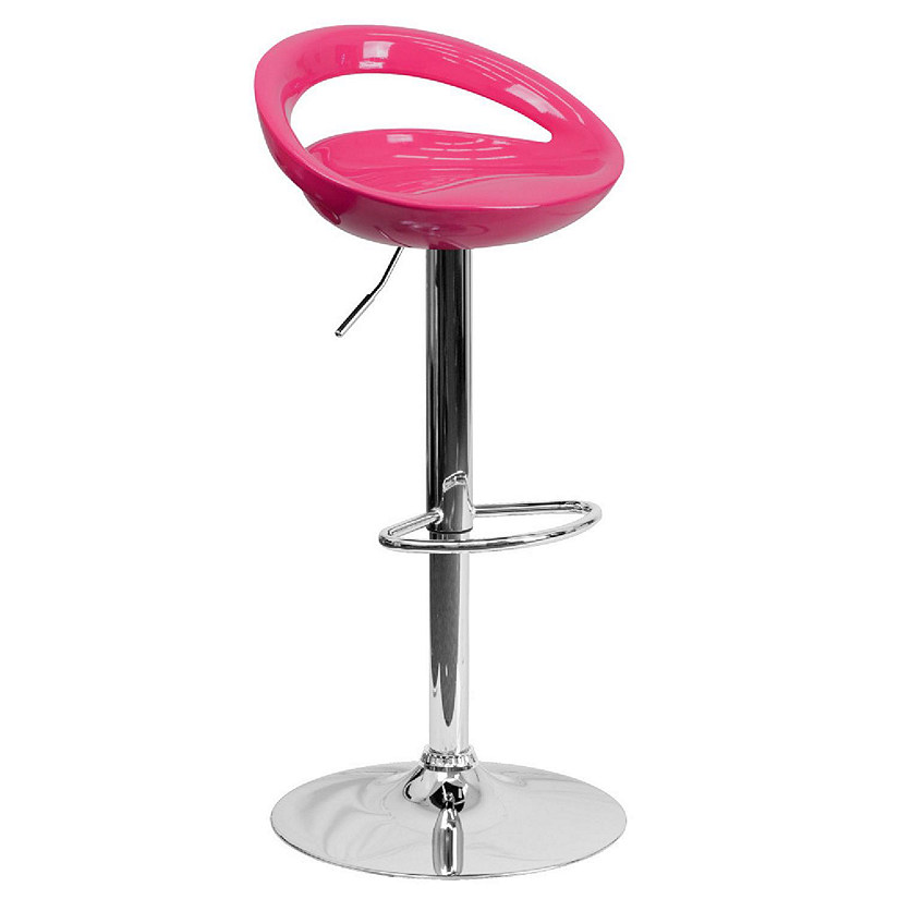 Emma + Oliver Pink Plastic Adjustable Height Barstool with Chrome Base Image