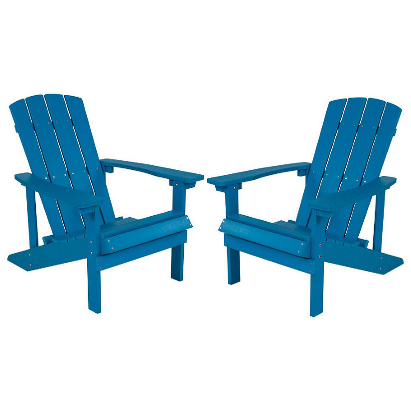 Emma + Oliver Set of 2 Outdoor Blue All-Weather Poly Resin Wood Adirondack Chairs Image