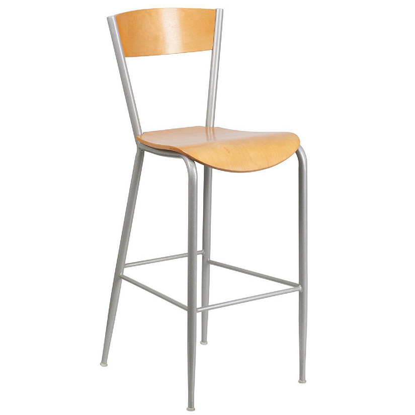 Emma + Oliver Silver Metal Barstool, Natural Wood Back & Seat Image