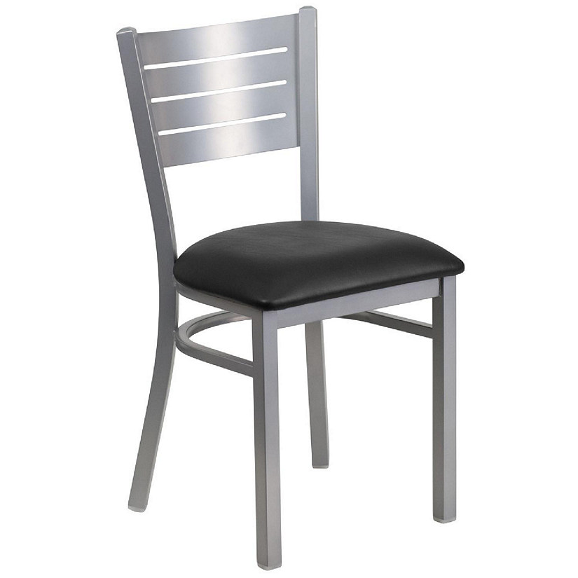 Emma + Oliver Silver Slat Back Metal Restaurant Chair - Black Vinyl Seat Image