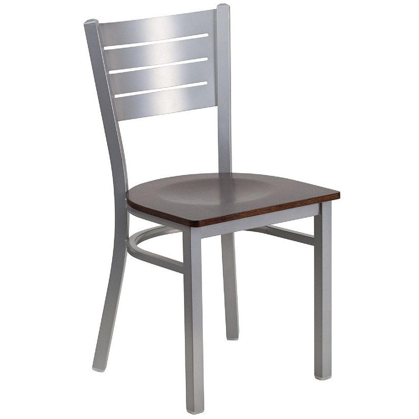 Emma + Oliver Silver Slat Back Metal Restaurant Chair - Walnut Wood Seat Image