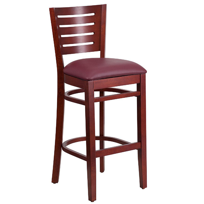 Emma + Oliver Slat Back Mahogany Wood Barstool, Burgundy Vinyl Seat Image