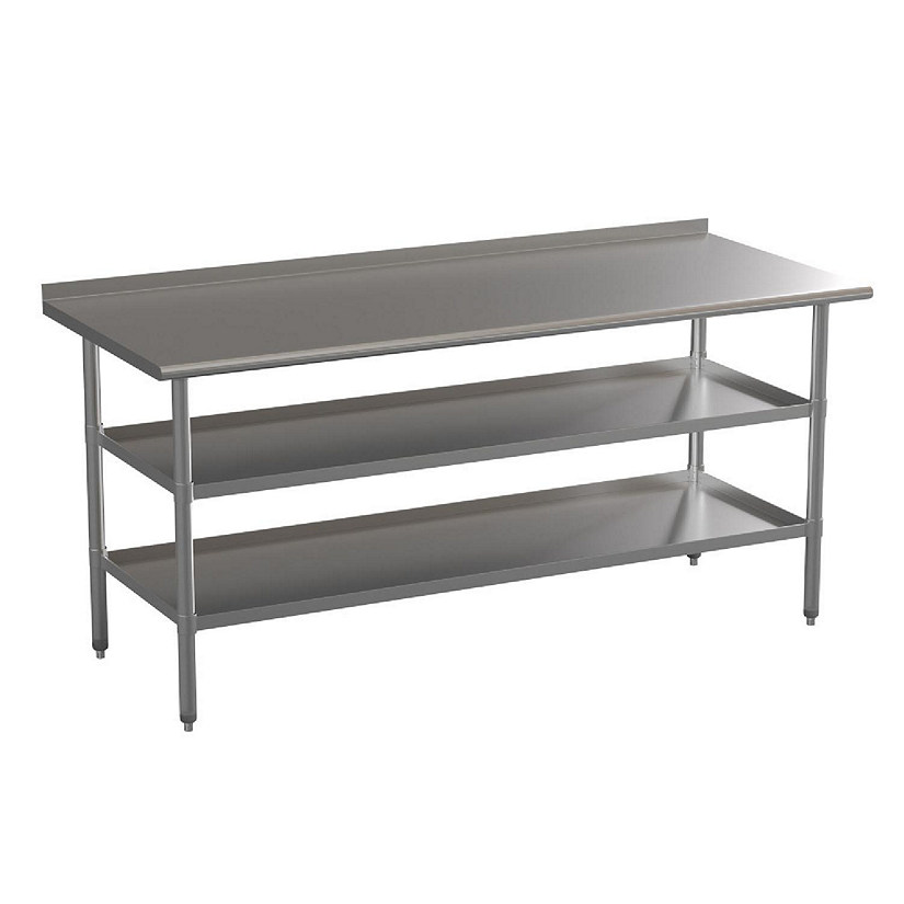 Emma + Oliver Stainless Steel 18 Gauge Work Table with 1.5" Backsplash and Undershelves - NSF Certified - 72"W x 30"D x 36"H Image