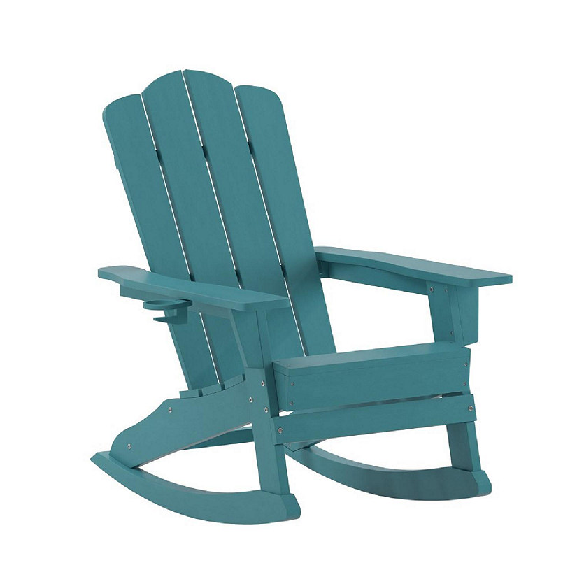 Emma + Oliver Tiverton Adirondack Rocking Chair with Cup Holder, Weather Resistant Poly Resin Adirondack Rocking Chair, Blue Image