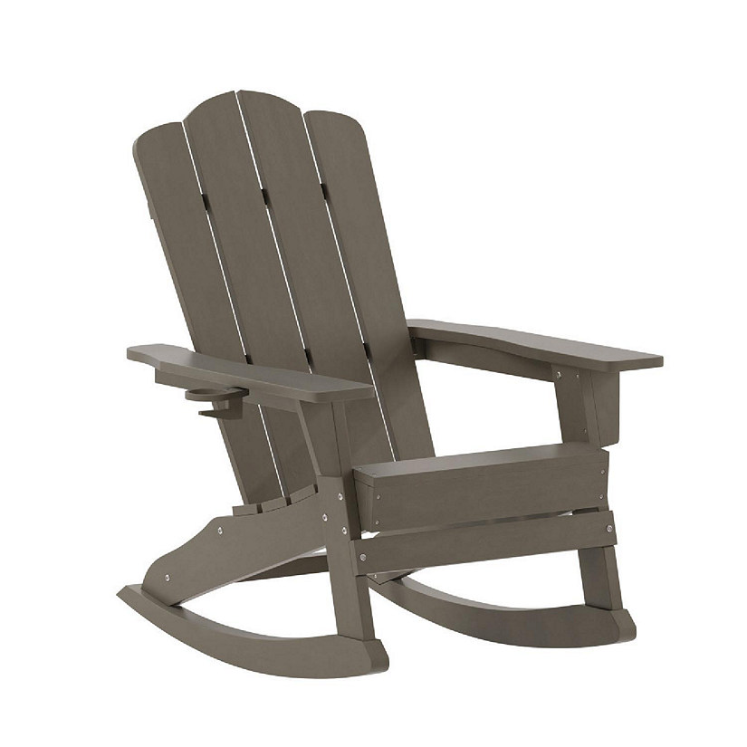 Emma + Oliver Tiverton Adirondack Rocking Chair with Cup Holder, Weather Resistant Poly Resin Adirondack Rocking Chair, Brown Image