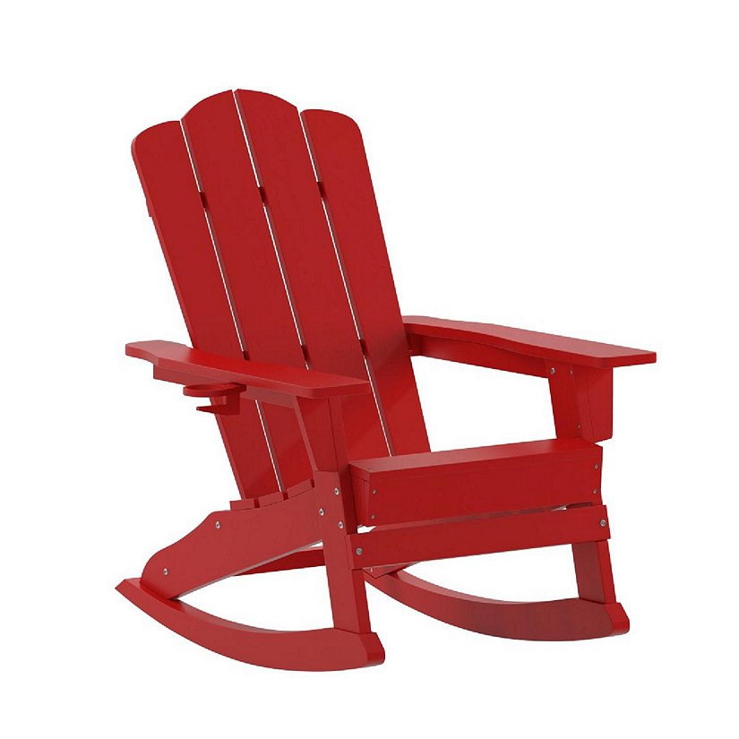 Emma + Oliver Tiverton Adirondack Rocking Chair with Cup Holder, Weather Resistant Poly Resin Adirondack Rocking Chair, Red Image