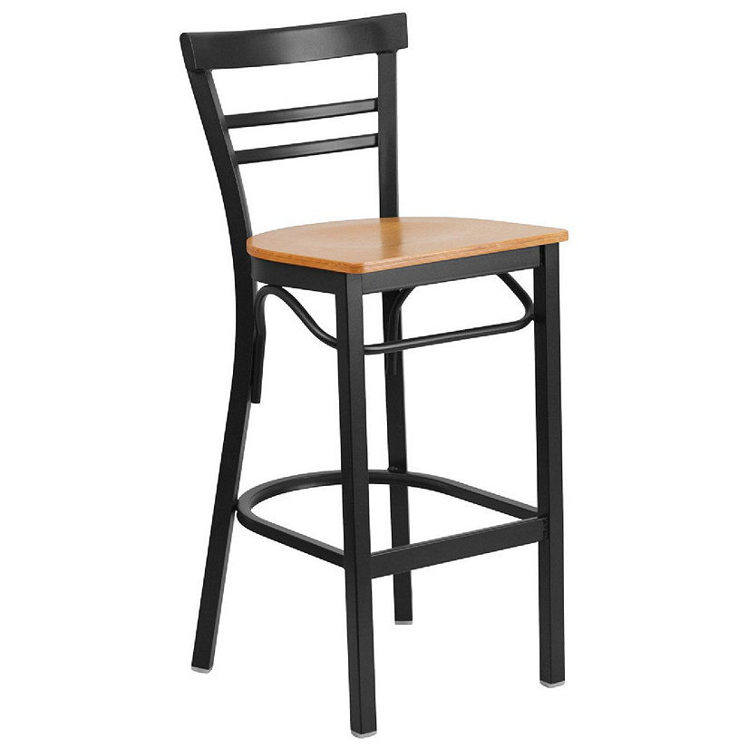 Emma + Oliver Two-Slat Ladder Back Metal Dining Barstool - Natural Wood Seat Image