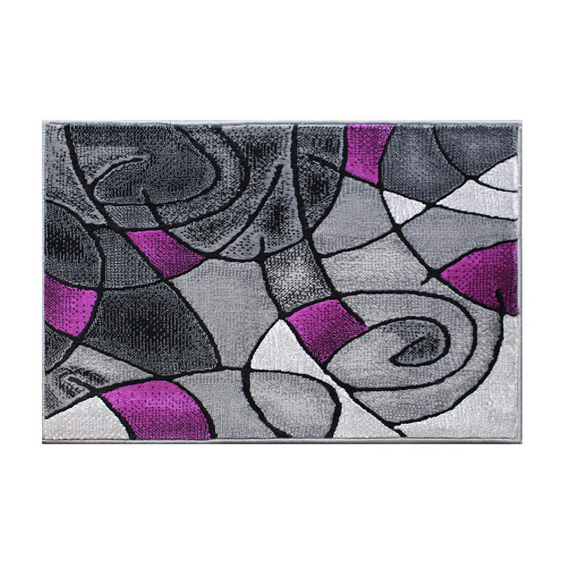 Emma + Oliver Urbane Plush Olefin Accent Rug - Abstract Geometric Pattern - Gradient Gray Shades with Vibrant Purple Accents - 2x3 - Moisture & Stain Resistant Image