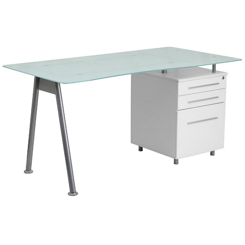 Emma + Oliver White Computer Desk with Glass Top and Three Drawer Pedestal Image