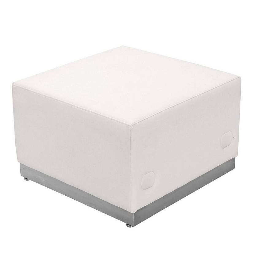 Emma + Oliver White LeatherSoft Ottoman with Brushed Stainless Steel Base Image
