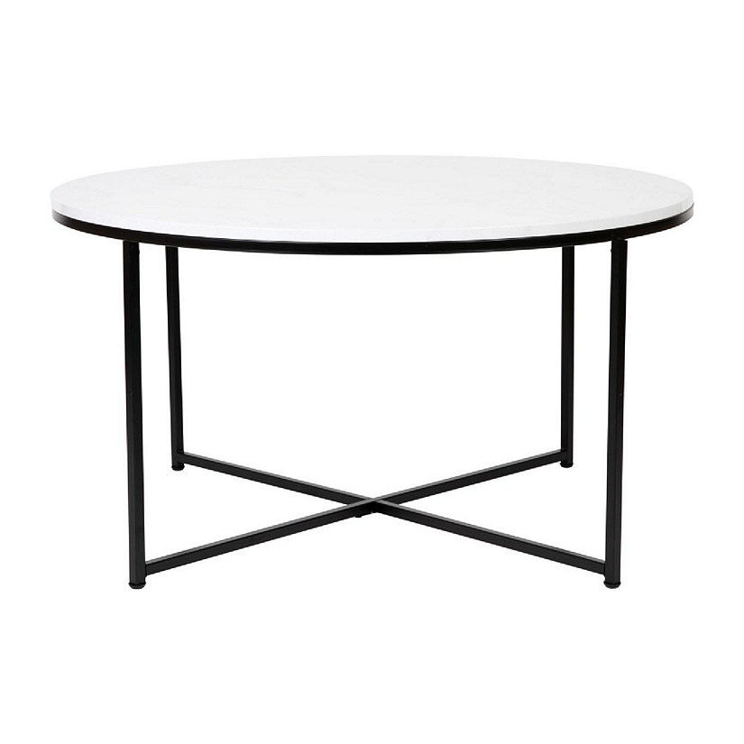 Emma + Oliver White Marble Finish Coffee Table with Crisscross Matte Black Metal Frame Image