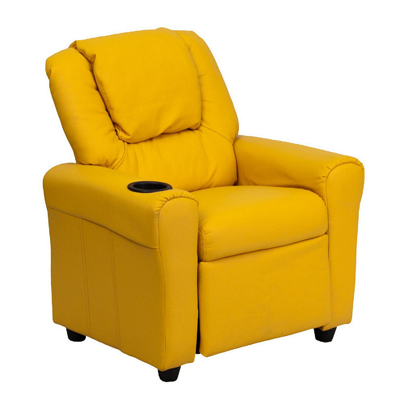 Emma + Oliver Yellow Vinyl Kids Recliner with Cup Holder and Headrest Image