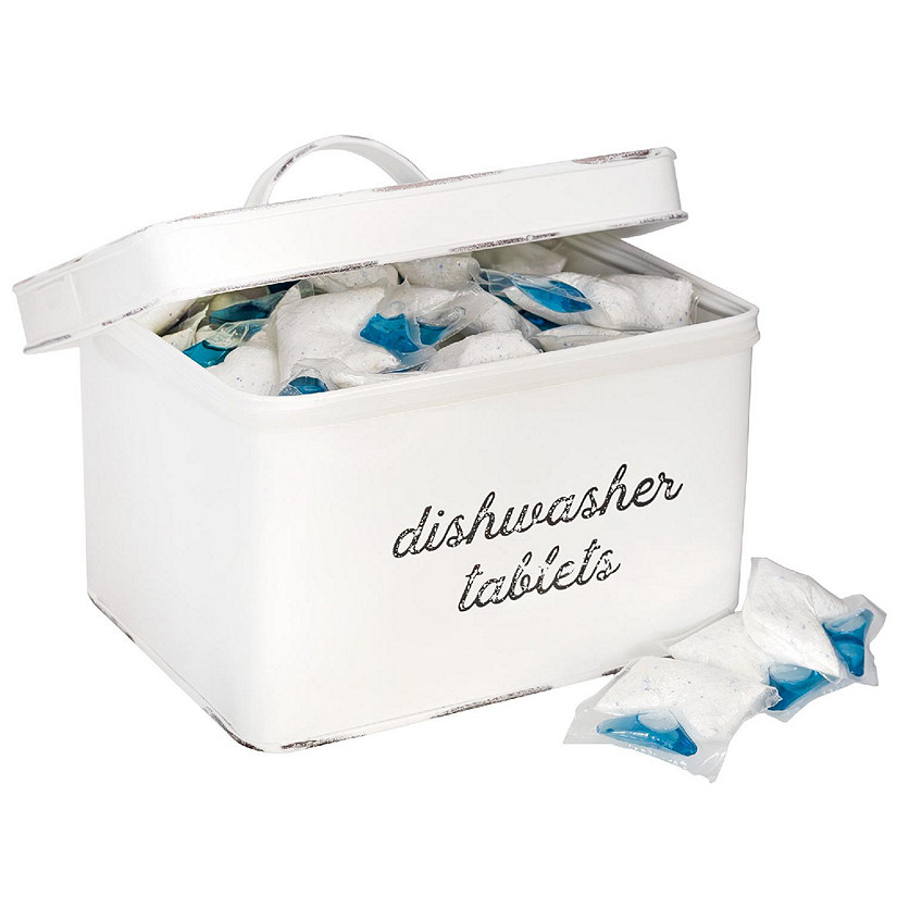 Enamelware Dishwasher Pod Holder, White Tablet Container; Kitchen Storage Tin w/ Lid Image