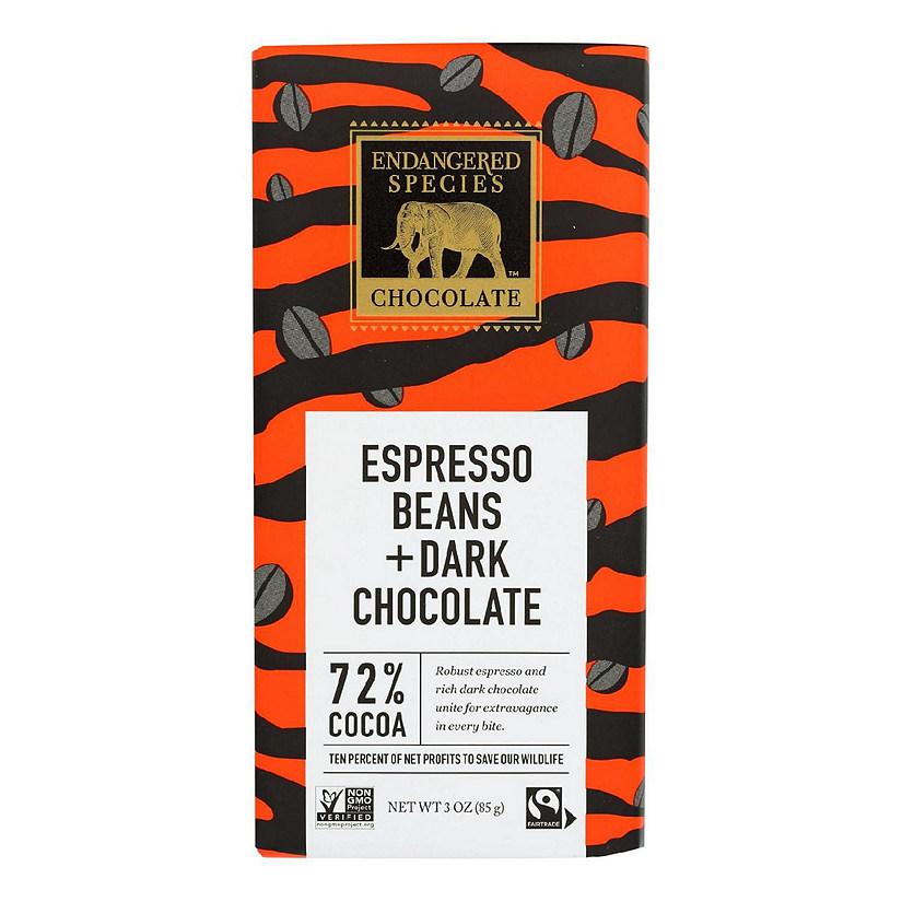 Endangered Species Natural Dark Chocolate 72 Percent Cocoa Espresso Beans 3 oz Bars Pack of 12 Image