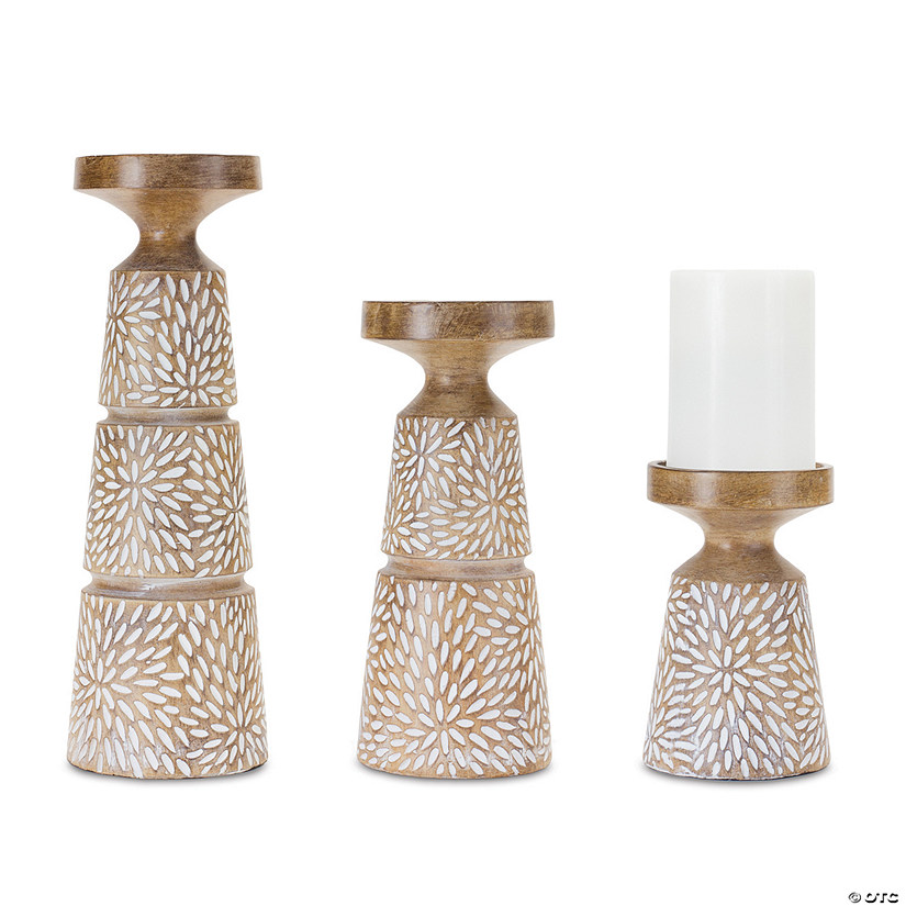 Etched Candle Holder With Wood Grain Design (Set Of 3) 6"H, 9.25"H, 12.25"H Resin Image