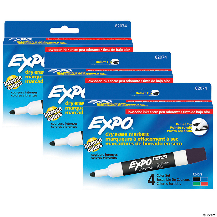 EXPO Low Odor Dry Erase Markers, Bullet Tip, Assorted Colors, 4 Per Pack, 3 Packs Image