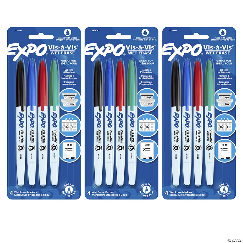 EXPO Vis--Vis Wet Erase Marker Set, Fine Tip, 4 Colors Per Pack, 3 Packs Image