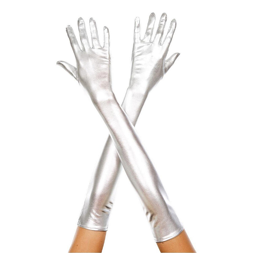 Extra Long Metallic Gloves, Silver Image