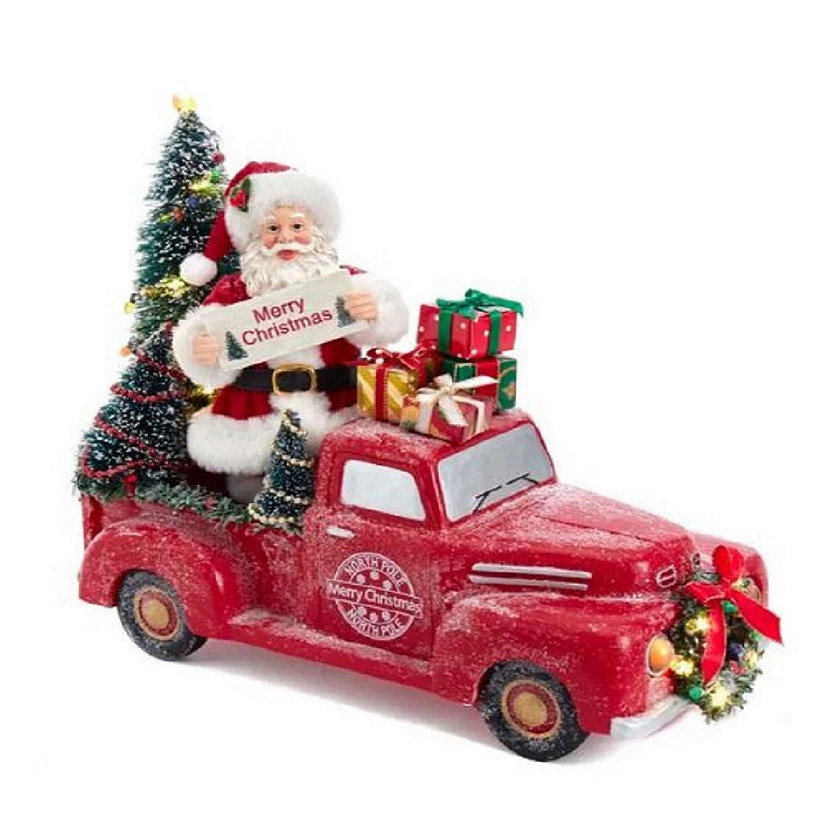 Fabriche Santa in Red Truck with Light Up Trees Christmas Figurine 10 In JEL1204
