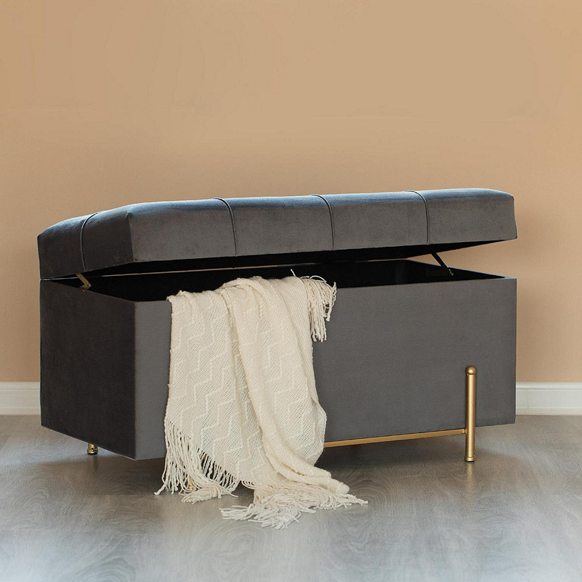 Fabulaxe Large Velvet Storage Ottoman with Gold Legs, Gray Image