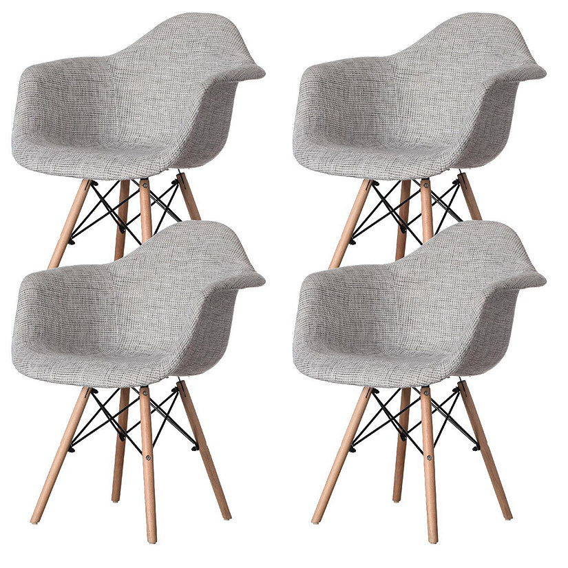 Fabulaxe Mid-Century Modern Style Fabric Lined Armchair with Beech Wooden Legs, Grey Set 4 Image