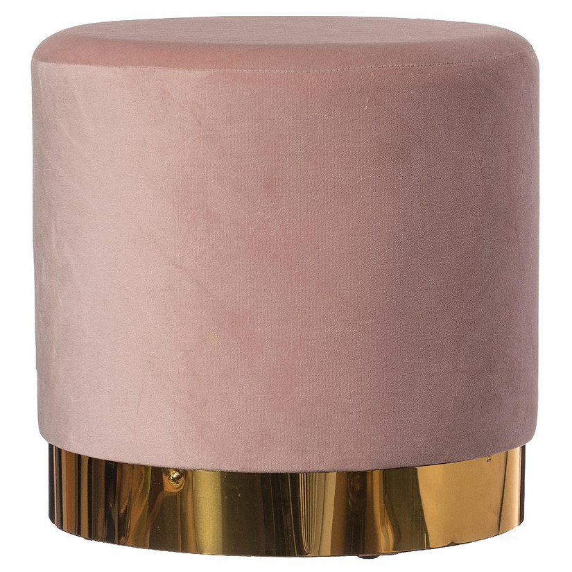 Fabulaxe Modern Round Velvet Fabric Standard Ottoman Stool with Gold Base, Pink Image