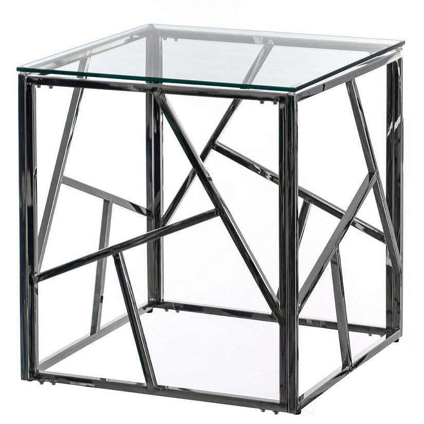 Fabulaxe Modern Square End Side Table, Tempered Glass Top Metal Coffee Table, Silver Image
