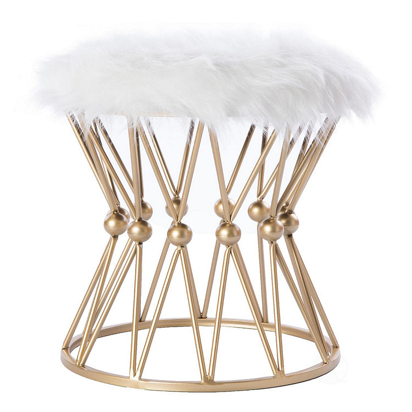 Fabulaxe Round Gold Metal Stool with White Fur Top Image