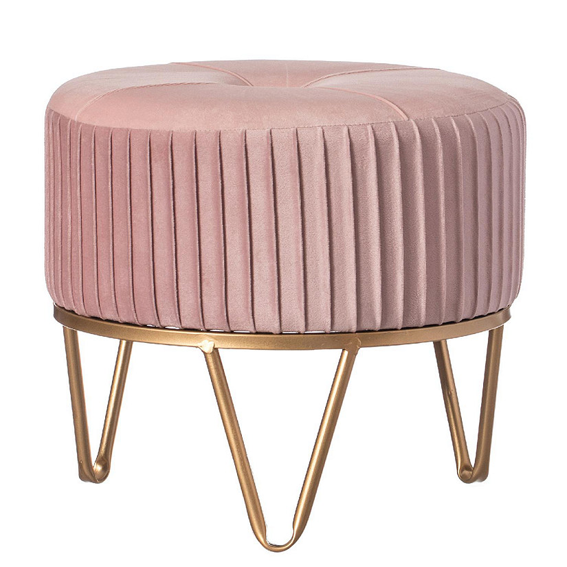 Fabulaxe Round Velvet Ottoman Stool Raised with Hairpin Gold Base, Pink, Small Image