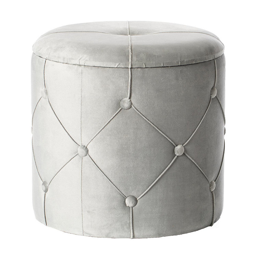 Fabulaxe Round Wooden Velvet Ottoman Stool with Lid, Gray Image