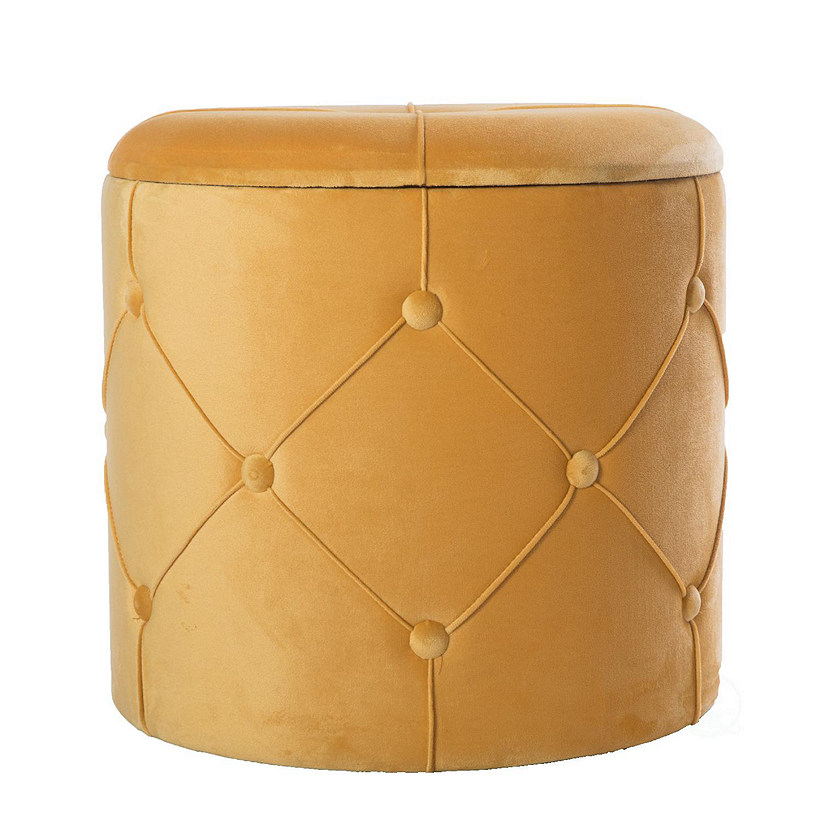Fabulaxe Round Wooden Velvet Ottoman Stool with Lid, Yellow Image
