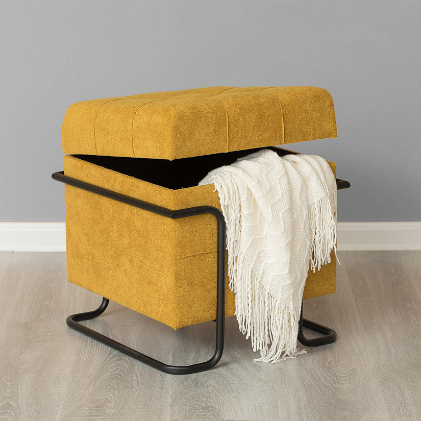 Fabulaxe Square Fabric Storage Ottoman with Black Metal Frame, Yellow Image