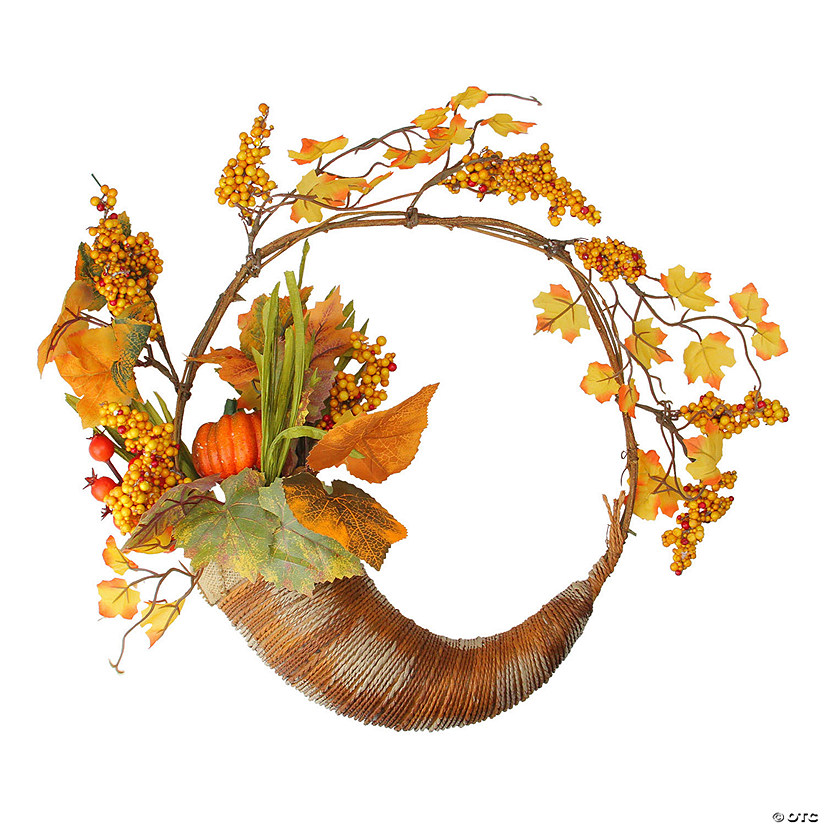 Fall Leaves  Berries and Pumpkins Artificial Thanksgiving Cornucopia Wreath - 18-Inch  Unlit Image