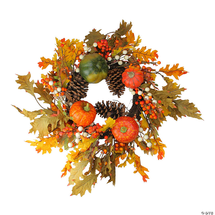 Fallen Leaves with Pine Cones and Pumpkins Artificial Thanksgiving Wreath  Orange 24-Inch Image
