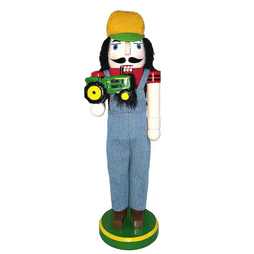 Farmer with Green Tractor Wooden Christmas 14 Inch Nutcracker Farming Decoration Image