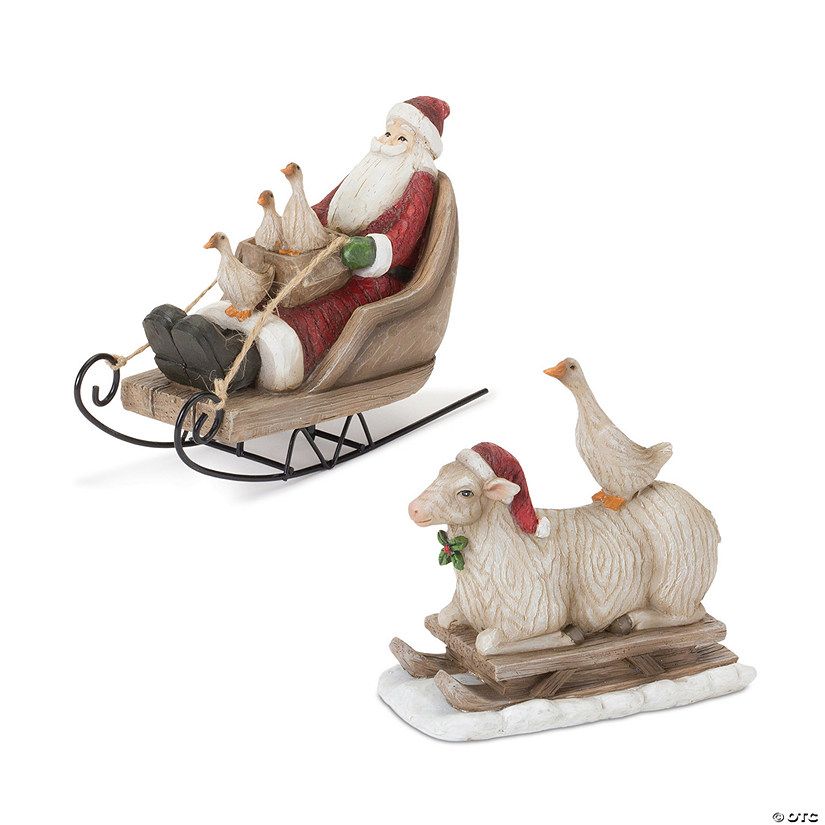 Farmhouse Santa And Animals On Sled (Set Of 2) 7"L X 5"H, 5.5"L X 5.5"H Resin Image