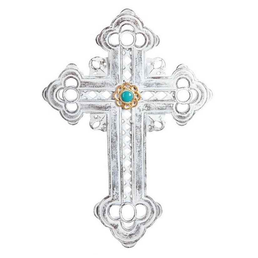FC Design 13.5"H Silver Cross Wall Plaque with Turquoise Stone Holy Religious Decoration Image