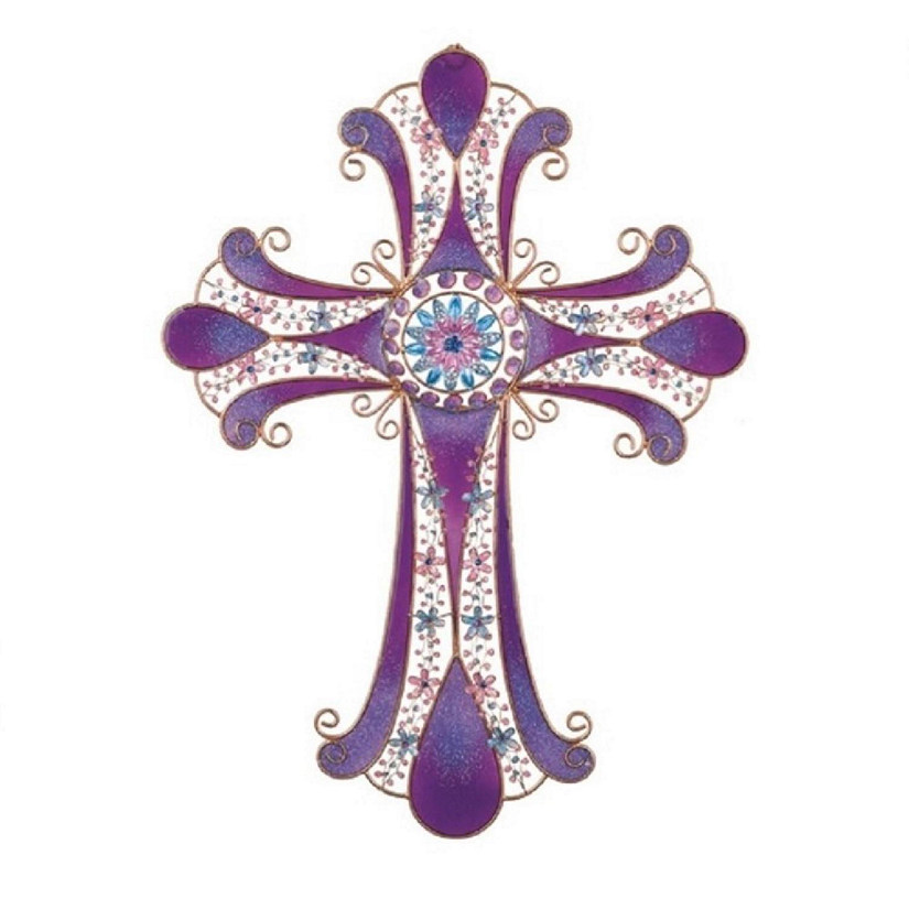 FC Design 16"H Decorative Purple Wall Cross with Copper and Germ Religious Statue Home Decoration Figurine Image