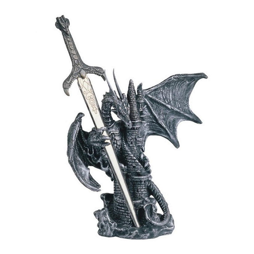 FC Design 5"H Medieval Silver Dragon on Castle with Sword Statue Fantasy Decoration Figurine Image