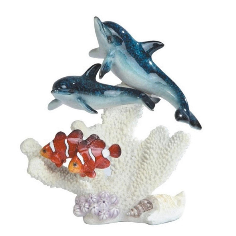 FC Design 8"H Blue Dolphin and Red Clownfish on Coral Statue Marine Life Decoration Figurine Image
