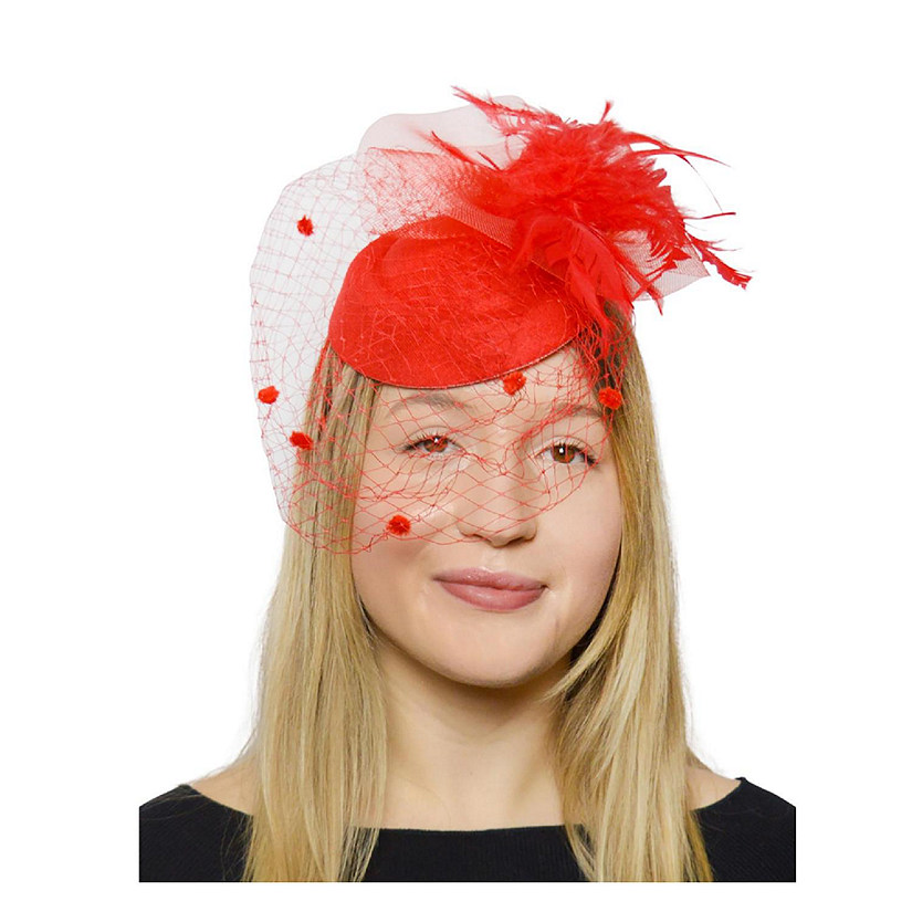Feathery Red Fascinator with Lace Veil Adult Costume Hat Image