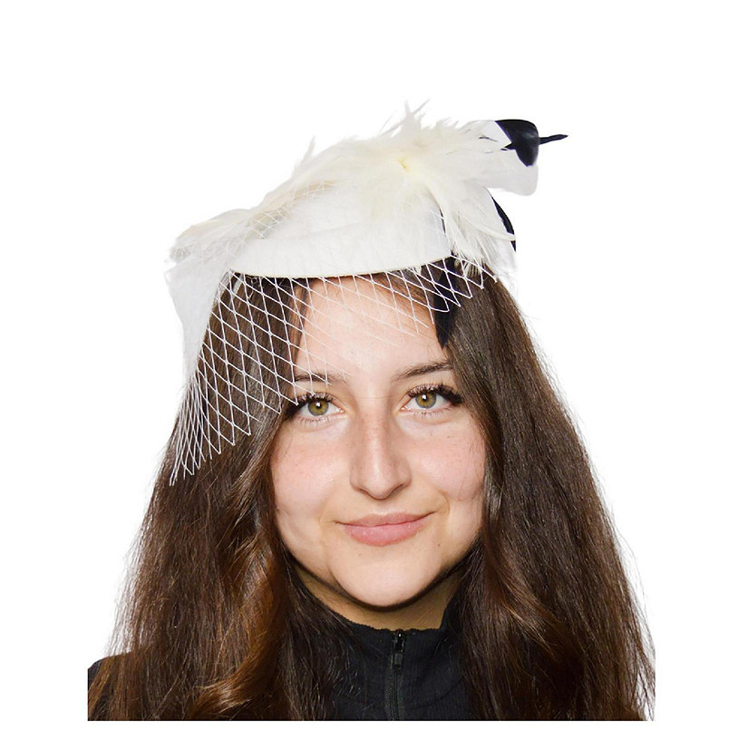 Feathery White Fascinator with Lace Veil Adult Costume Hat Image