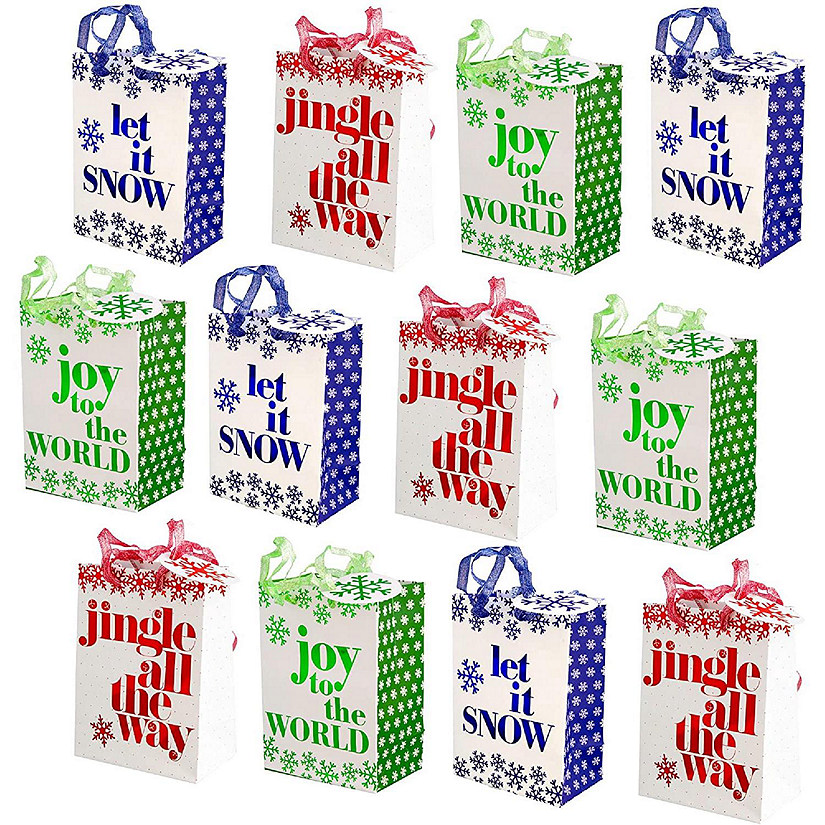 Fifth Ave Kraft Christmas Small Gift Bags with Foil Hot Stamp and Ribbon Handles, 12 Pack Image