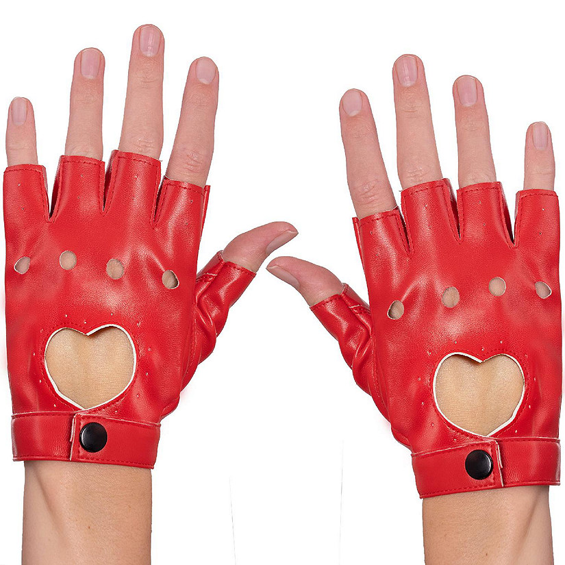 Fingerless Biker Jazz Gloves - 80s Style Gothic Red Faux Leather Punk Biker Gloves with Heart Cutout for Women and Kids Image