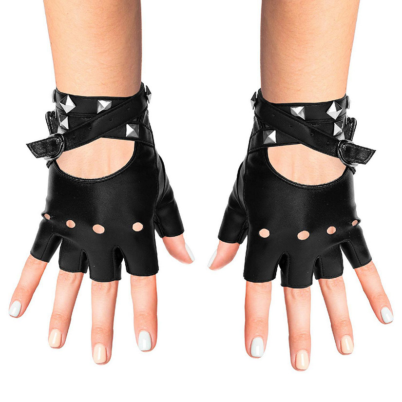 Fingerless Faux Leather Gloves - Black Biker Punk Gloves with Belt Up Closure and Rivet Design for Women and Kids Image