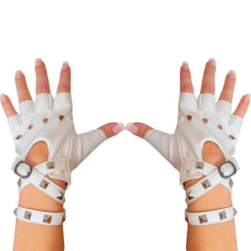 Fingerless Faux Leather Gloves - White Biker Punk Gloves with Belt Up Closure and Rivet Design for Women and Kids Image
