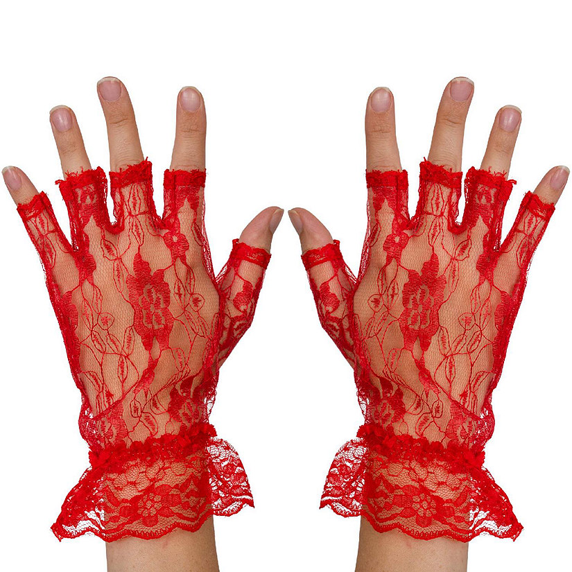 Fingerless Lace Red Gloves - Ladies and Girls Ruffled Lace Finger Free Bridal Wrist Gloves Image